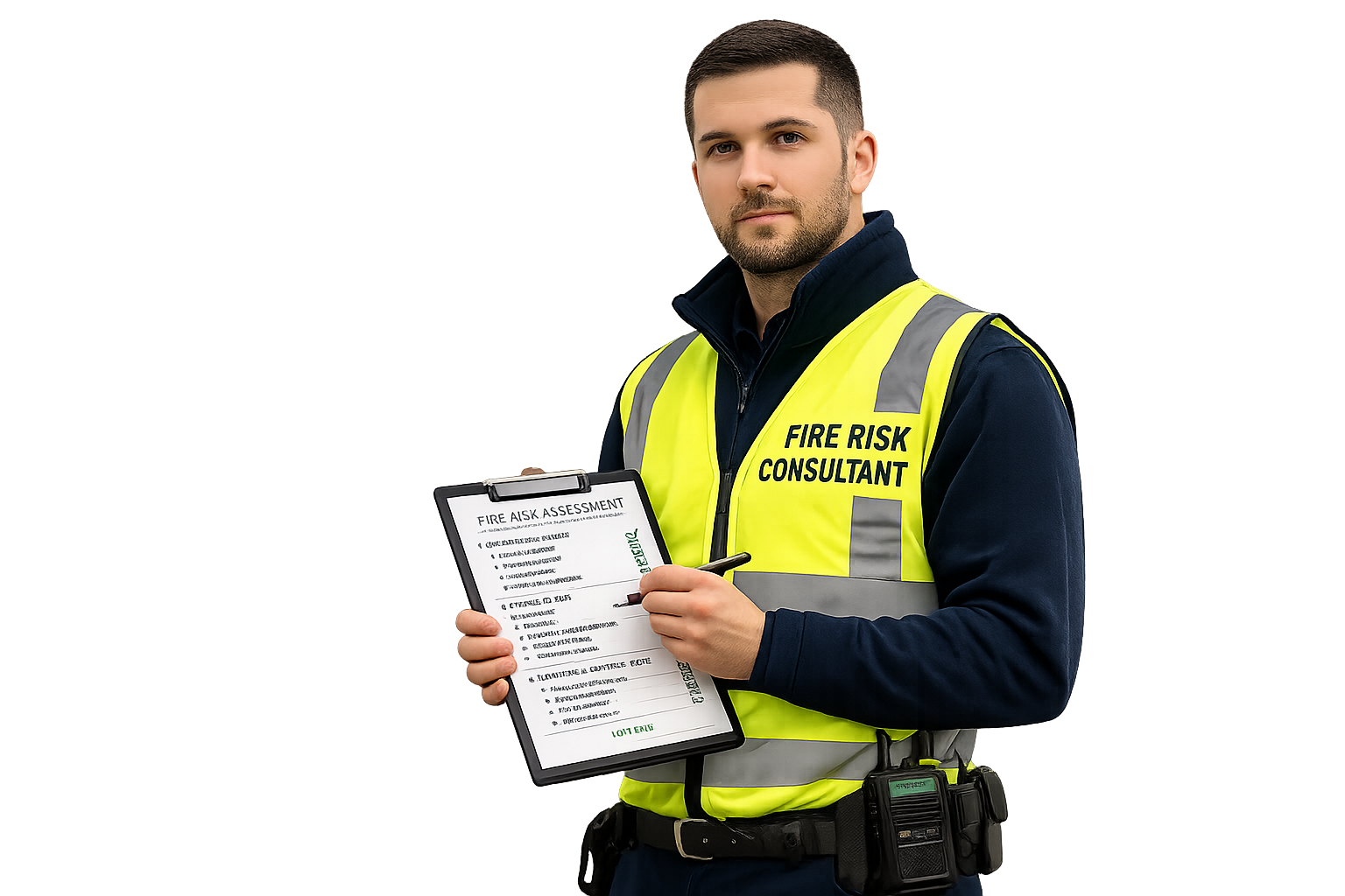 Fire risk assessor wearing high-visibility vest holding a checklist clipboard during a fire safety inspection.