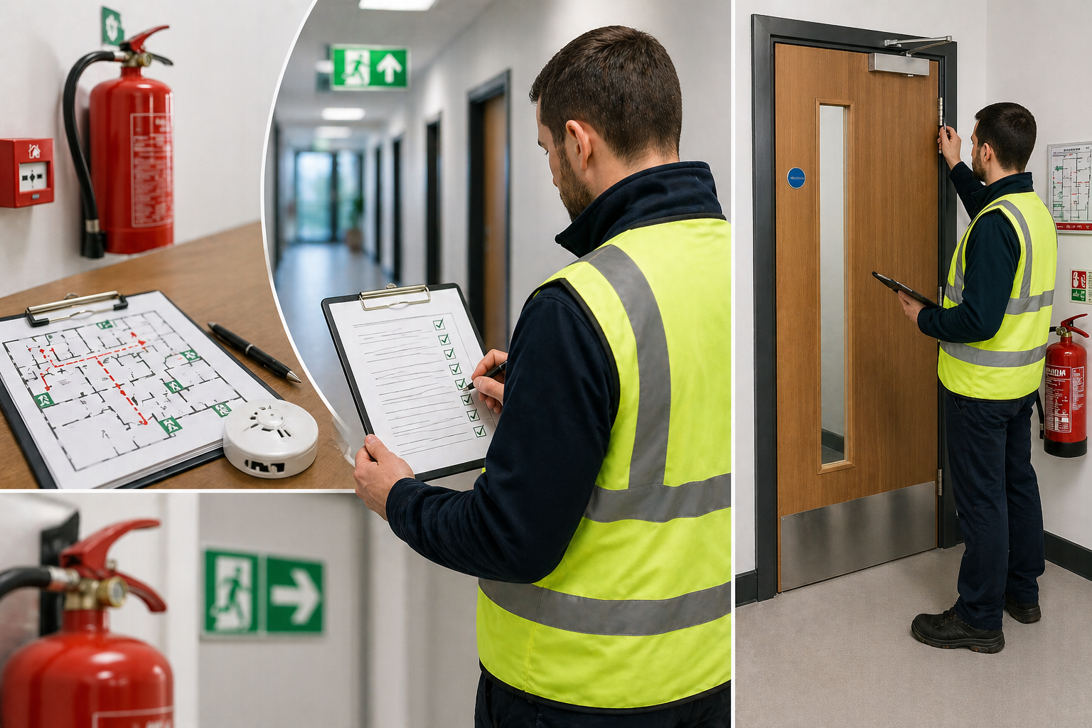 Fire risk assessor carrying out a fire risk assessment and inspecting a fire door in a commercial building.