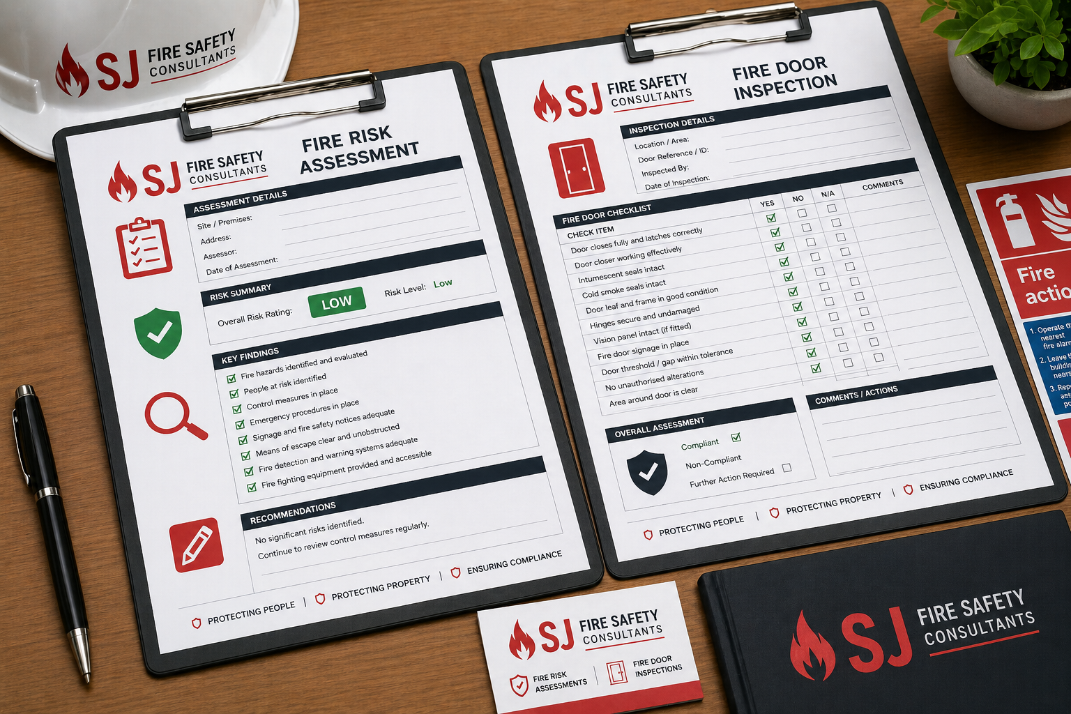 Fire risk assessment and fire door inspection paperwork branded with SJ Fire Safety Consultants displayed on a desk.