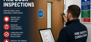 Fire door inspection being carried out by a fire safety consultant checking door closer and seals to ensure compliance with UK fire safety regulations.