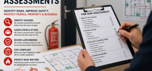 Fire risk assessment being carried out by a safety consultant using a checklist to identify hazards and ensure compliance with UK fire safety regulations.
